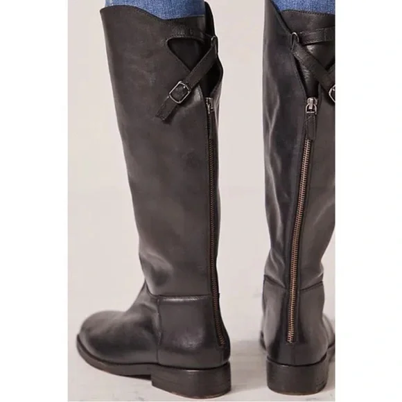 Free People Faded Black Everly Equestrian Boots Leather Zipper Back - Picture 16 of 16